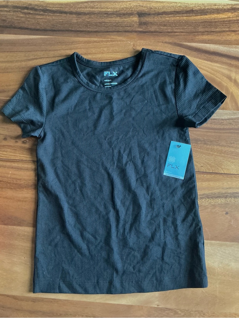 NWT FLX Black Ribbed Short Sleeve Crewneck Tee Size Small